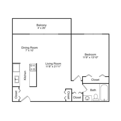 Floor plan for 1 bed, 1 bath, 750 sqft